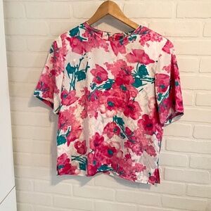 Vintage 80s Blouse Satin Iridescent Floral Paisley Flowy Pink Green White S